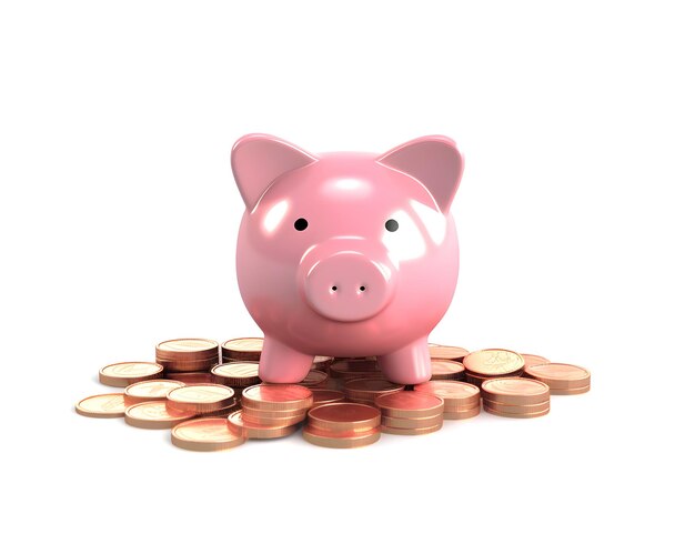 piggy bank rosa sorridente e monete d'oro per risparmiare denaro e concetti finanziari con parte di ritaglio