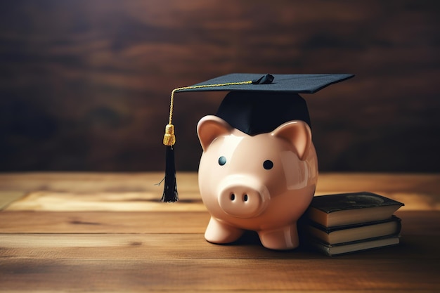 Piggybank con cappello di laurea e libri su sfondo di legno marrone