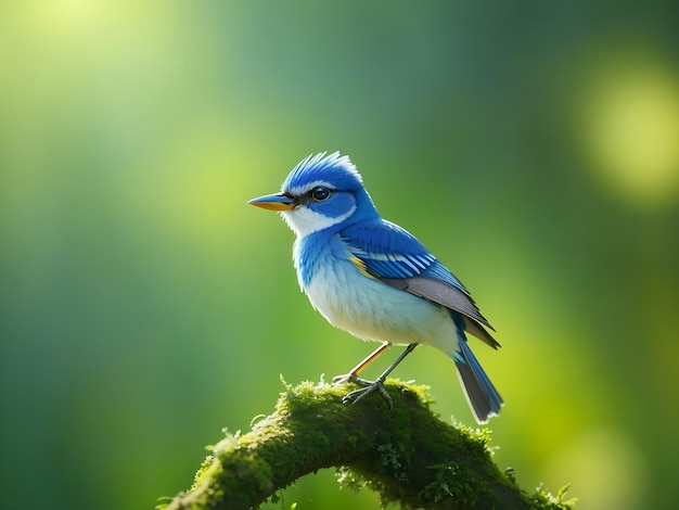 Pigliamosche ultramarino Superciliaris ficedula simpatico uccello blu che si appollaia su un bastone muscoso sopra lontano