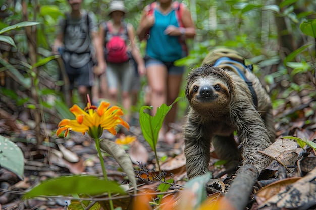 pigro che guida un gruppo di escursionisti su un sentiero naturale prendendo il suo tempo per apprezzare ogni foglia e fiore lungo la strada