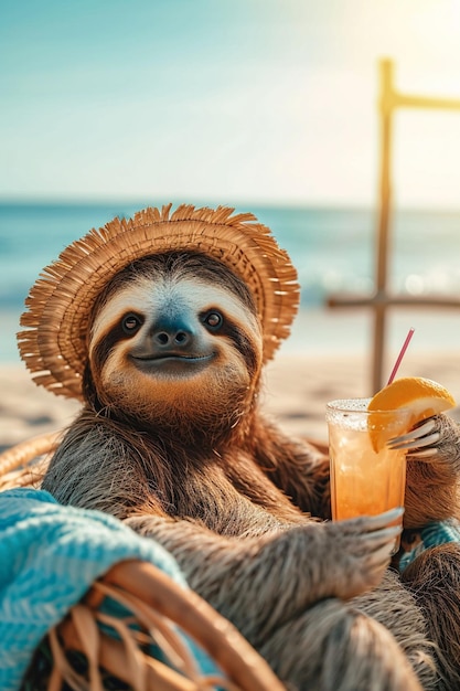 pigro con un cocktail sulla spiaggia