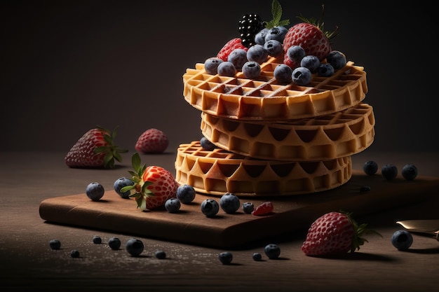 Pila appena sfornata di waffle belgi con frutti di bosco su tagliere di legno generazione AI