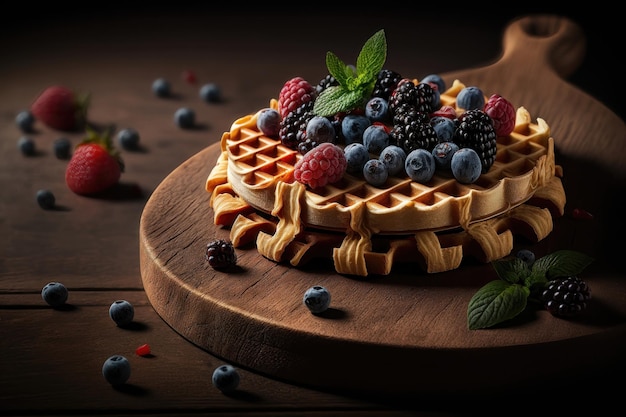 Pila appena sfornata di waffle belgi con frutti di bosco su tagliere di legno generazione AI