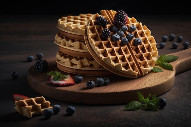 Pila appena sfornata di waffle belgi con frutti di bosco su tagliere di legno generazione AI