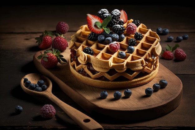 Pila appena sfornata di waffle belgi con frutti di bosco su tagliere di legno generazione AI