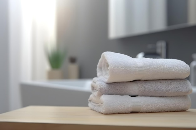 Pila di asciugamani di spugna bianchi e puliti sul tavolo in un bagno moderno Spa e concetto di relax Spazio per il testo IA generativa