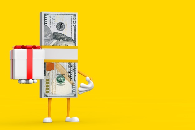 Pila di banconote da cento dollari persona mascotte di carattere con confezione regalo e nastro rosso su sfondo giallo. Rendering 3D