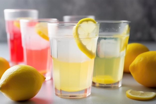 Pila di bicchieri di vetro riempiti con limonata estiva rinfrescante creata con ai generativo