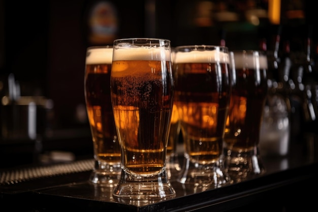 Pila di bicchieri pieni di birra alla spina pronti per essere serviti al bar creati con l'IA generativa