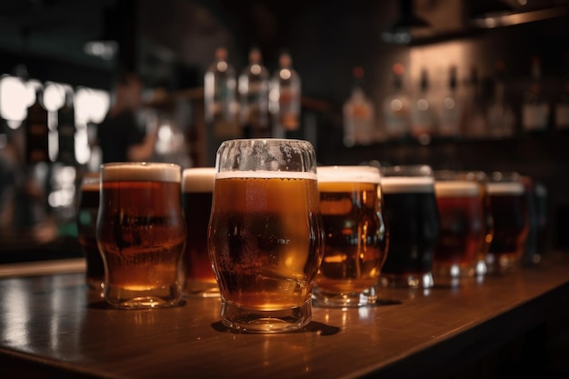 Pila di bicchieri pieni di birra alla spina pronti per essere serviti al bar creati con l'IA generativa