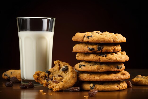 Pila di biscotti di farina d'avena e uvetta con un bicchiere di latte