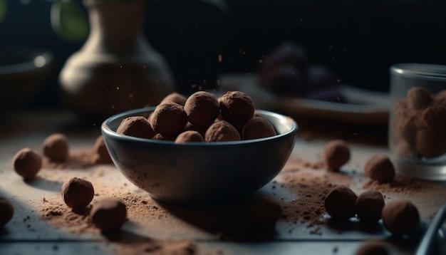 Pila di biscotti di nocciole di cioccolato scuro su un tavolo di legno generato dall'intelligenza artificiale