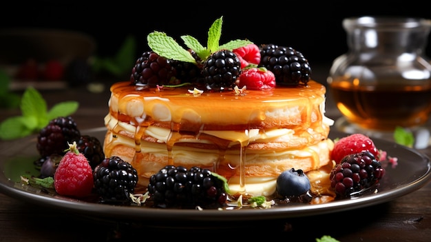 Pila di blini fatti in casa con sciroppo di miele e frutti di bosco