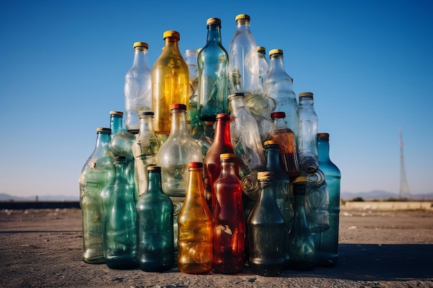 Pila di bottiglie di plastica per il riciclaggio contro il cielo blu AI