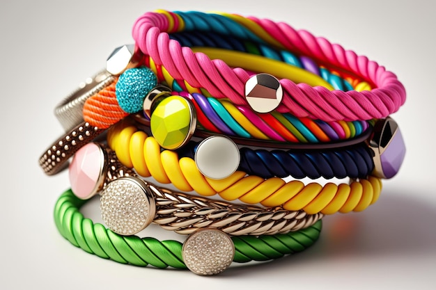 Pila di braccialetti di braccialetti colorati con sfondo bianco creato con intelligenza artificiale generativa