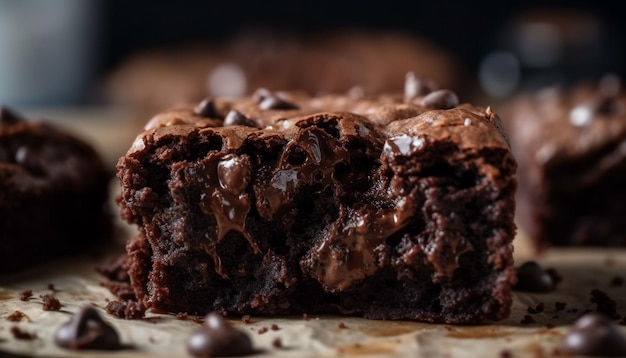 Pila di brownies con gocce di cioccolato fatti in casa sul tavolo generato dall'intelligenza artificiale