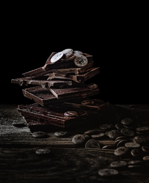 pila di cioccolato fondente rotto su fondo di legno scuro