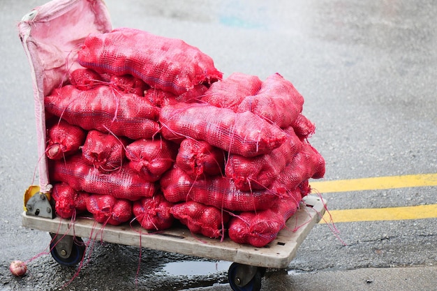 Pila di cipolla rossa in sacchi