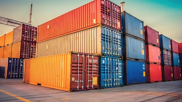 Pila di container presso le banchine per lo sfondo logistico di importazione ed esportazione AI generativa