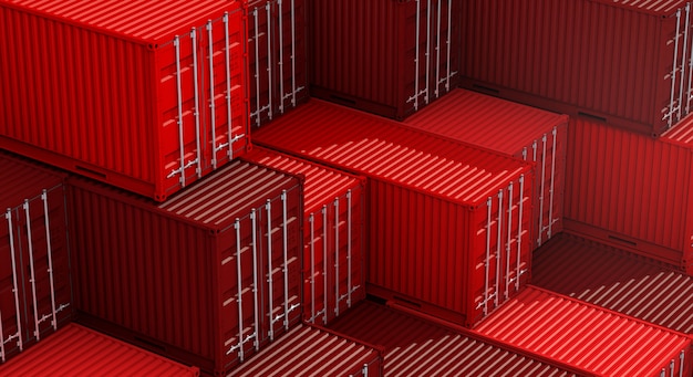 Pila di contenitore rosso di contenitori, nave da carico del carico per l'importazione 3D dell'esportazione