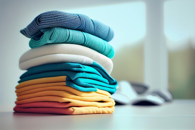 Pila di cotone e vestiti colorati lavorati a maglia sul tavolo