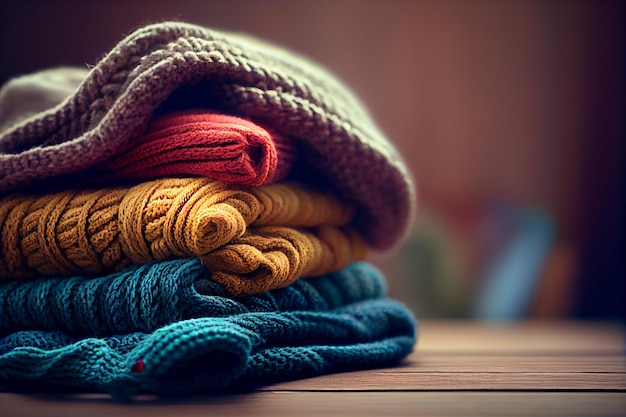 Pila di cotone e vestiti colorati lavorati a maglia sul tavolo