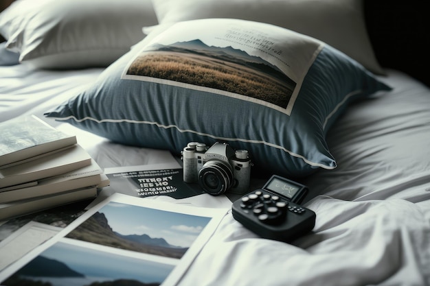 Pila di cuscini con depliant di viaggio e macchina fotografica sul letto