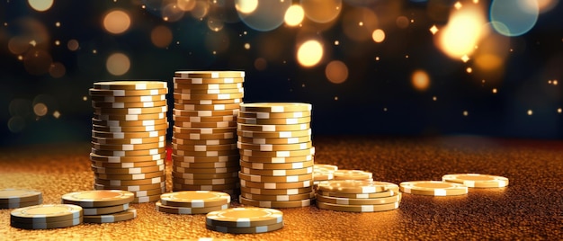 Pila Di Fiches Del Casinò D'oro Sul Tavolo Scintillante