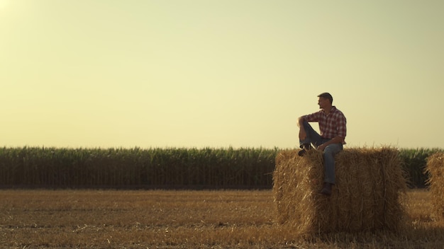 Pila di fieno di riposo dell'agricoltore nella sera di autunno Lavoratore concentrato che ispeziona il raccolto