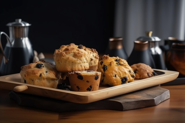 Pila di focaccine e muffin appena sfornati sul vassoio moderno creato con ai generativo