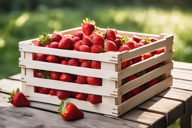 Pila di fragole fresche in una cassa di legno carta da parati di fragole