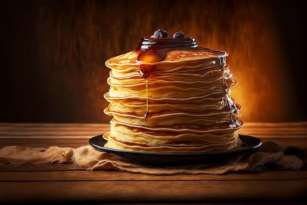 Pila di frittelle di pila di pancake rubicondo fatti in casa su sfondo di legno