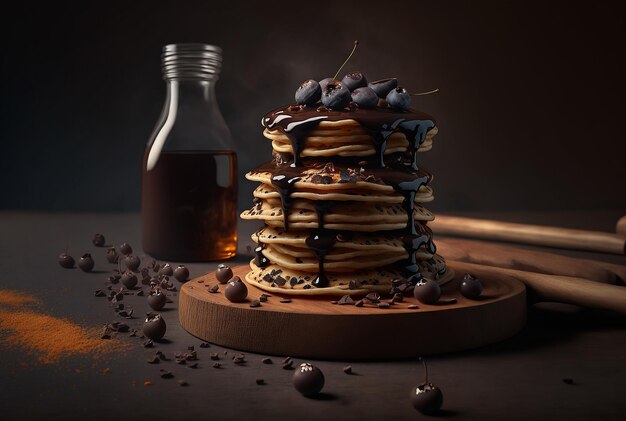 Pila di gustosi pancake con pezzi di cioccolato fondente che si sciolgono Illustrazione Generative AI