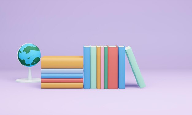 pila di libri colorati su sfondo viola, rendering 3d