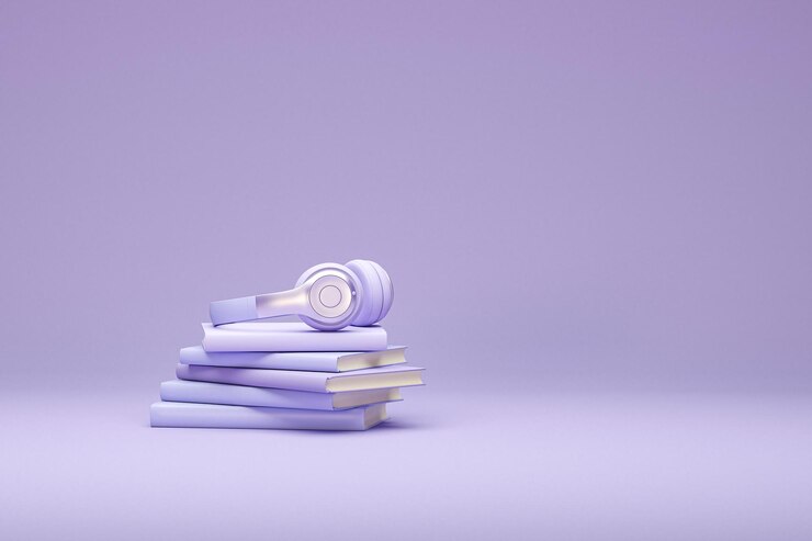 Pila di libri con le cuffie isolate su sfondo viola pastello Concetto di audiolibro 3d rendering