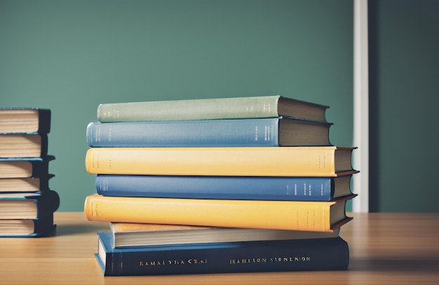 Pila di libri con pagine vivaci Libro superiore con colori gialli e blu aperti