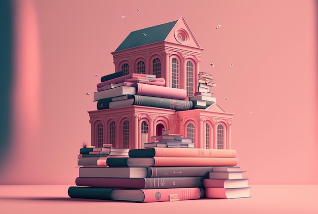 Pila di libri con uno sfondo rosa che mostra una nozione di biblioteca e istruzione