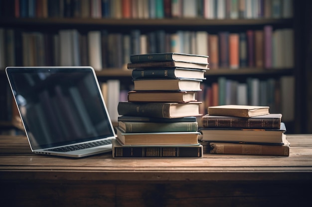 Pila di libri impilati accanto a un computer portatile su un tavolo di legno in uno sfondo scuro Elearning e concetto di istruzione