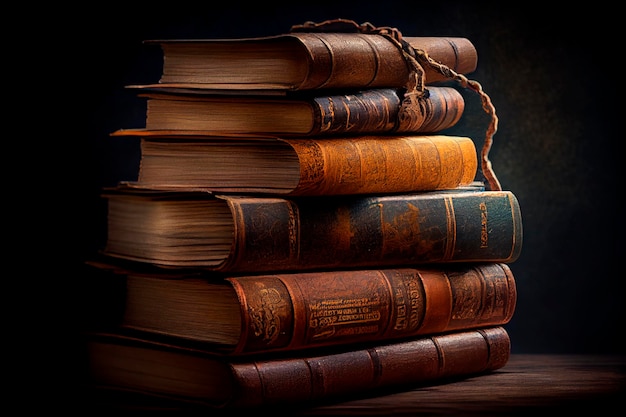 Pila di libri rilegati in pelle vintage su uno sfondo scuro