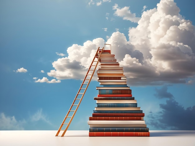 Pila di libro astratta con scaletta sul cielo con sfondo di nuvole