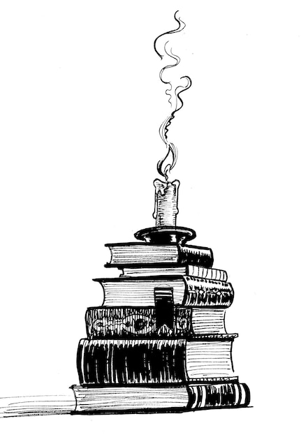 Pila di libro e candela accesa. Disegno a inchiostro in bianco e nero