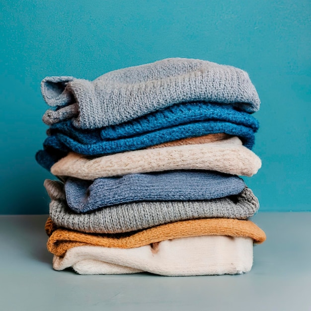 Pila di maglioni e tavolozza di colori divertenti nel classico colore blu 2020 Concetto di colore dell'anno 2020 per l'industria della moda e dell'abbigliamento Copia spazio