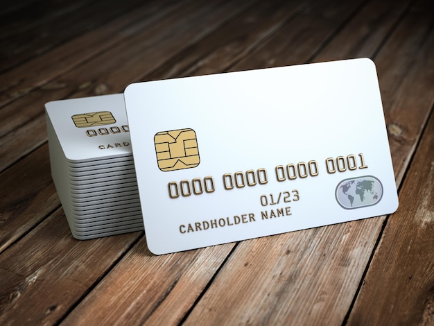 Pila di mockup di carte di credito in bianco bianco sul fondo della tavola di legno