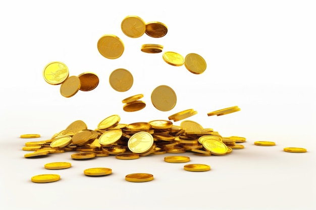 Pila di monete d'oro che cadono in aria su uno sfondo bianco AI generativa