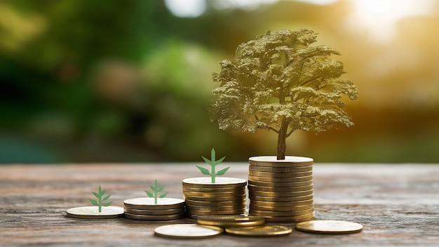 Pila di monete d'oro con un albero che cresce l'idea di investimento aziendale