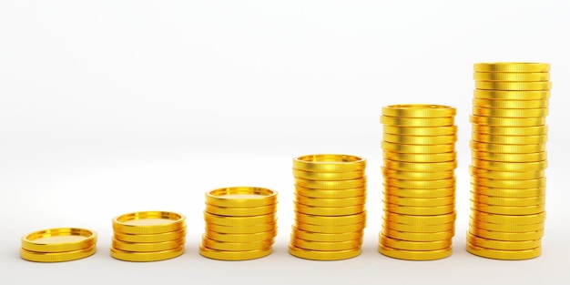 Pila di monete d'oro disposte come un grafico di denaro su sfondo bianco 3d'illustrazione