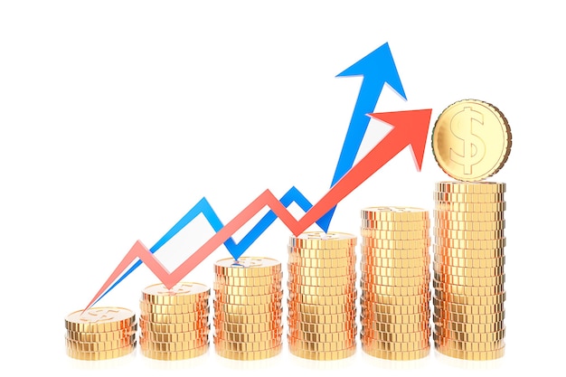 Pila di monete d'oro e grafico grafico delle finanze su priorità bassa bianca