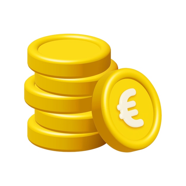 Pila di monete d'oro in 3D con il segno dell' euro isolato su sfondo bianco