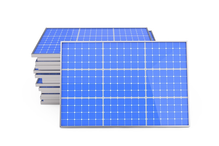 Foto pila di pannelli solari fotovoltaici su sfondo bianco. rendering 3d