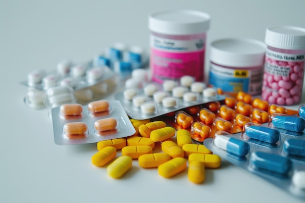 Pila di pillole e capsule medicinali colorate in confezioni a blister AI generativa